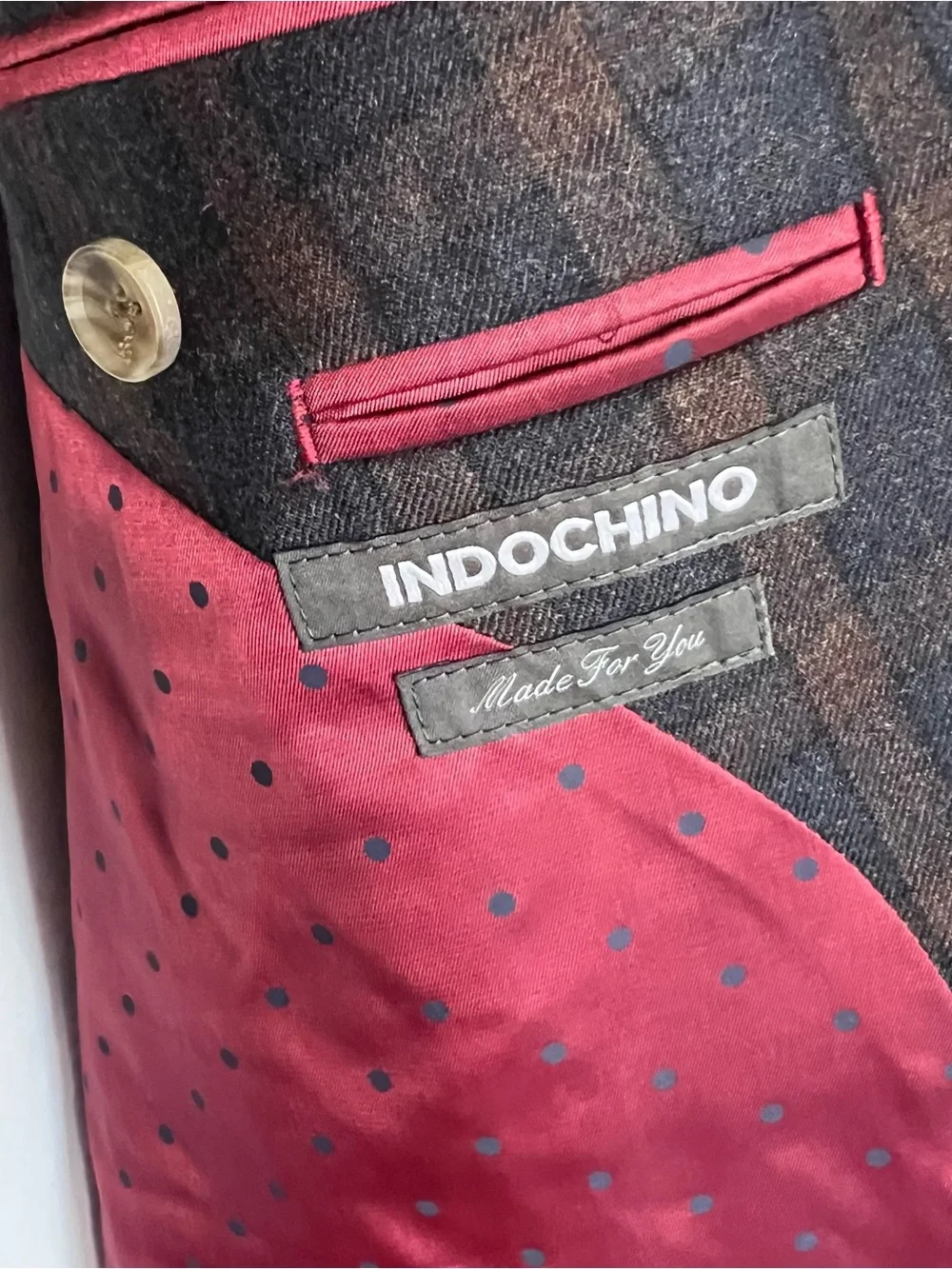 INDOCHINO Men’s 100% Wool Blazer | Size 46R | Brown & Blue Plaid Custom Tailored